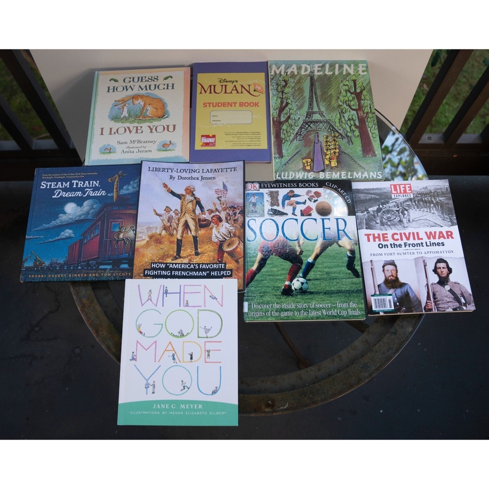 Lot of 8 - Children's Books Eyewitness Soccer Madeline Mulan Life The Civil War